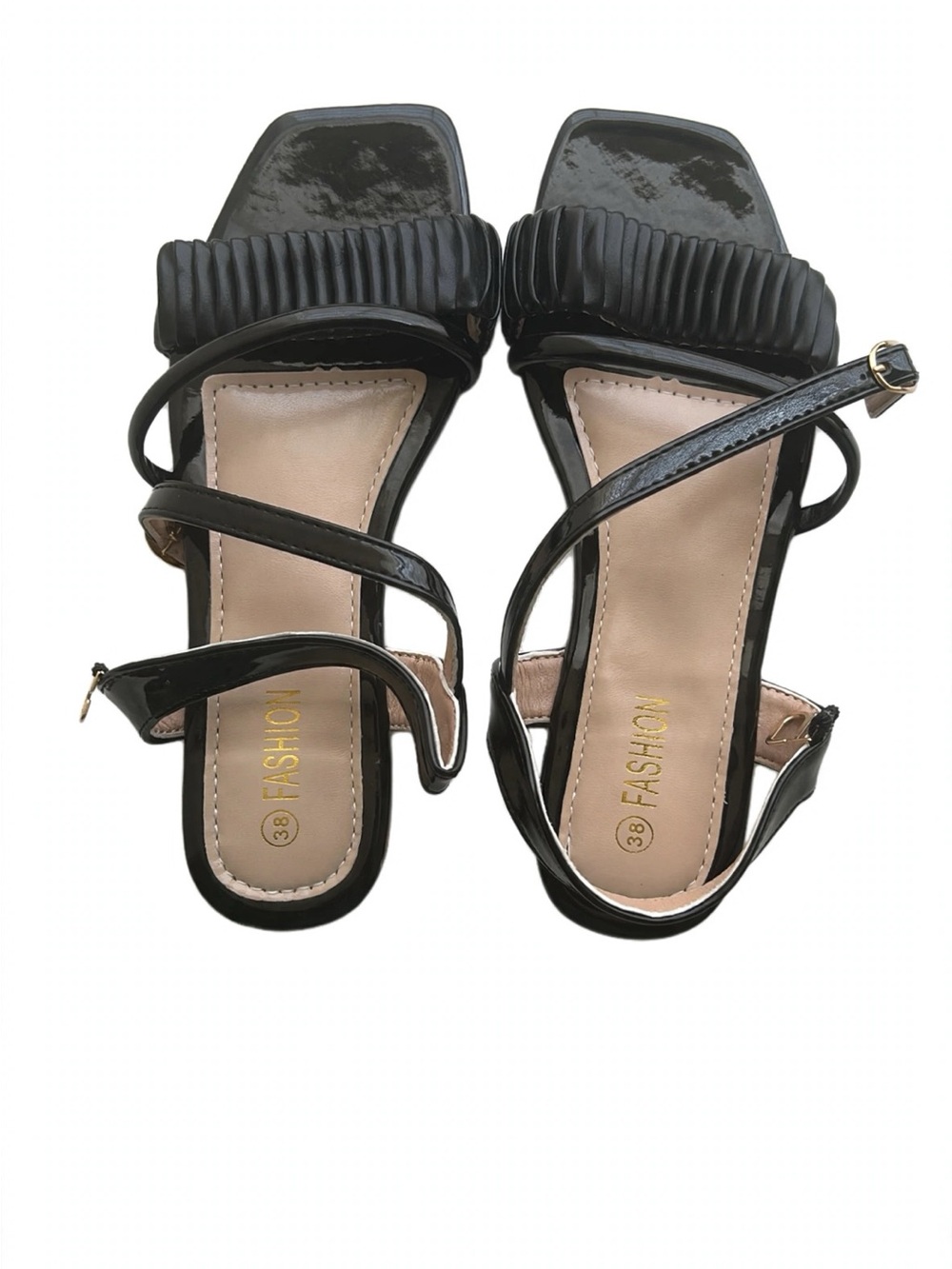Black Patent Strappy Sandals with Pleated Accent